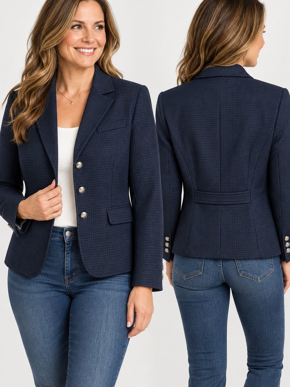 White House Black Market Navy Textured Tailored Blazer